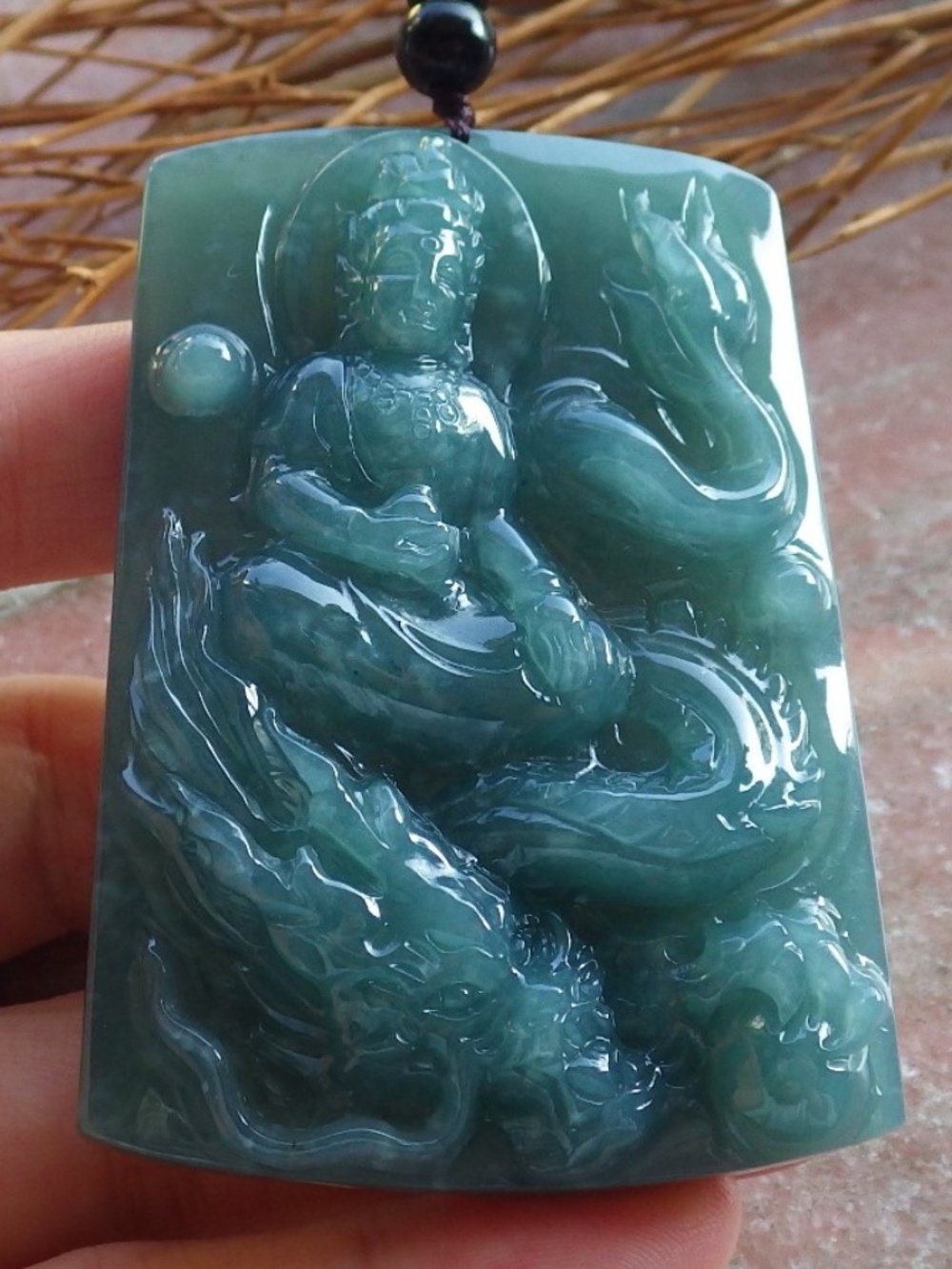 Certified Green Natural A Jade Jadeite Guanyin Kwan yin Dragon Pendant Necklace